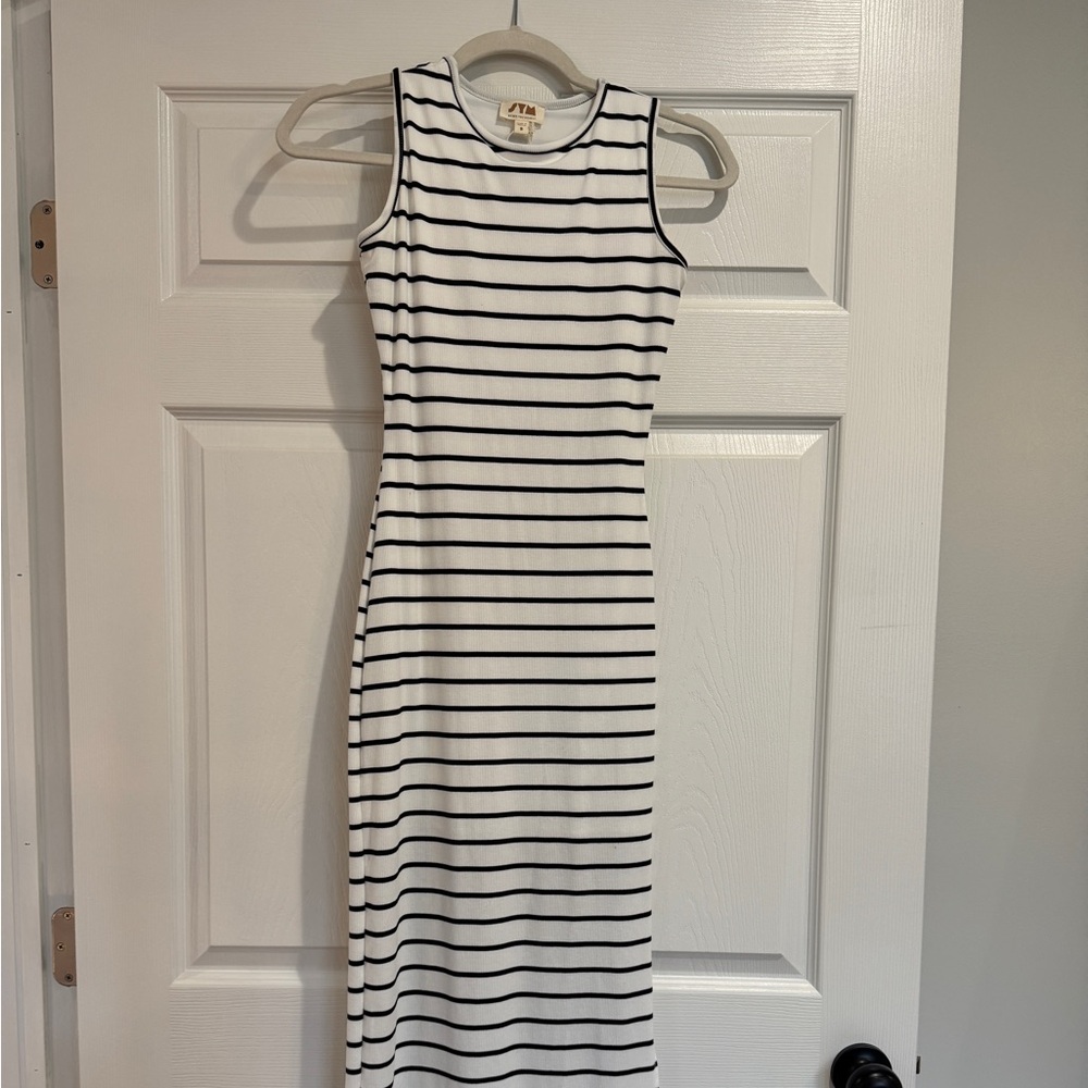 See You Monday White and Black Striped Maxi Dress